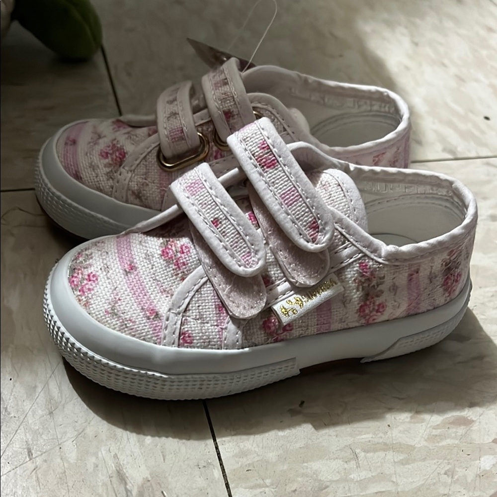 Superga Kids Pink and White Floral Velcro Sneakers